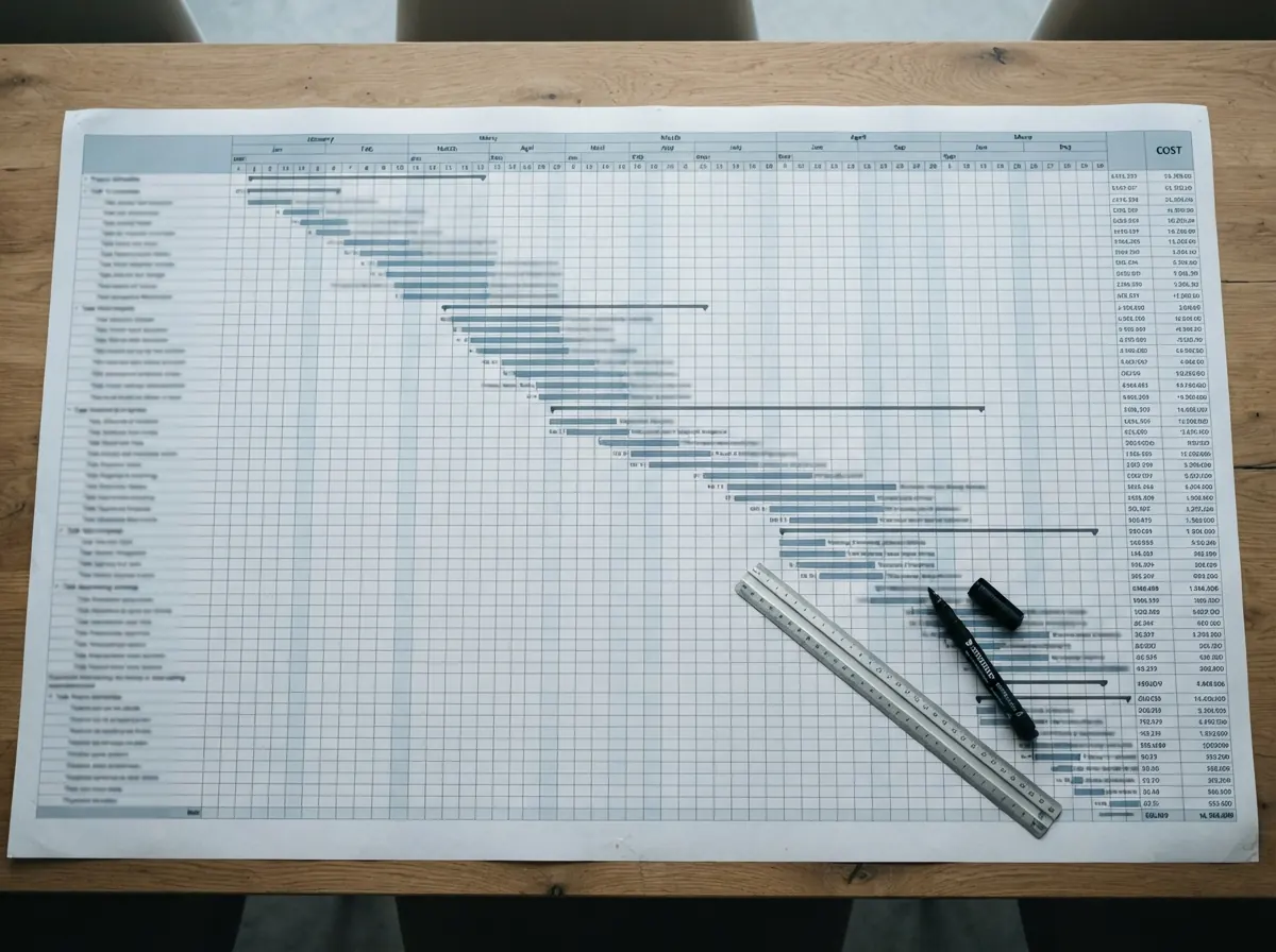Printed project cost schedule spread across a meeting table