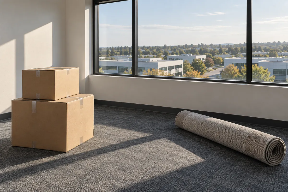 Two taped moving crates and a rolled-up floor rug in an empty new office unit, afternoon light through a wide window onto a low-rise business park.