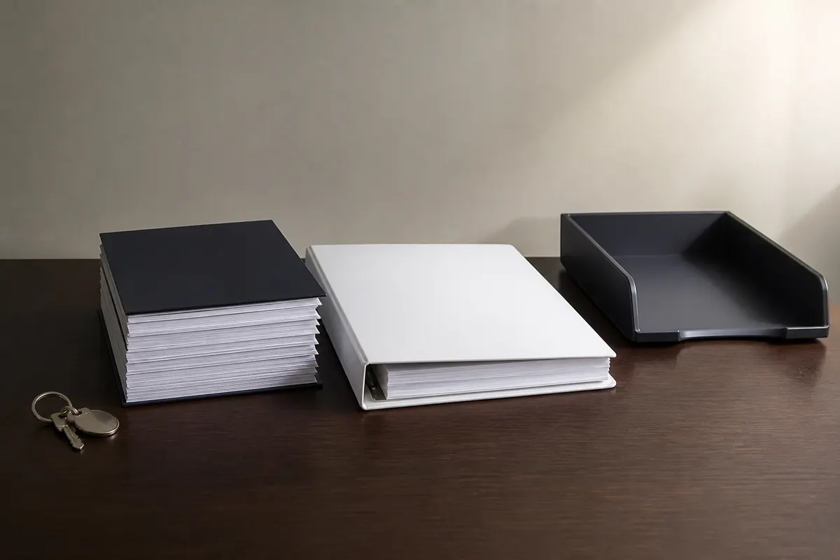 A closed office key ring beside a squared stack of accounting ledgers, a blank final-account binder and an empty document tray in a quiet Dubai office, morning light from the right