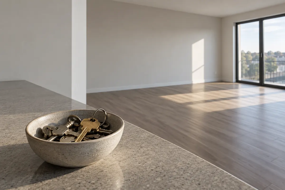 A small bowl of assorted metal door keys on the counter of an empty show apartment, with an unfurnished living room behind in afternoon light.