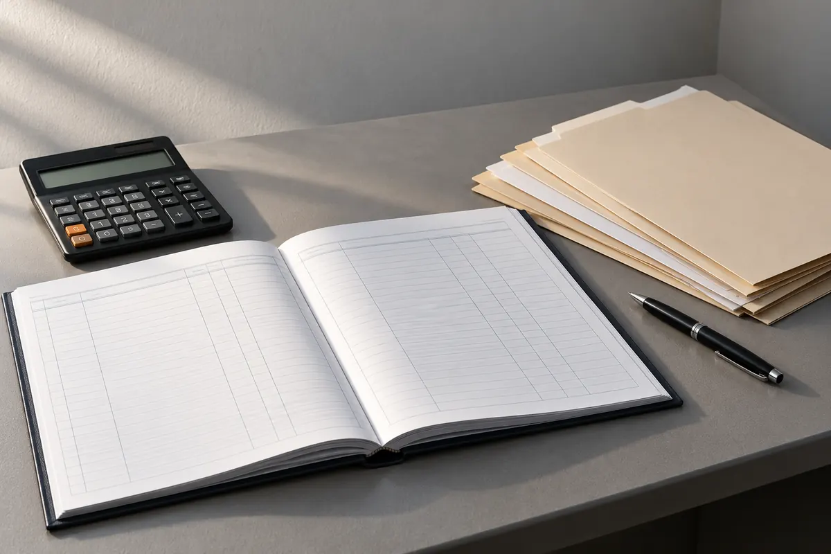 Open ledger book, calculator and folders on a desk