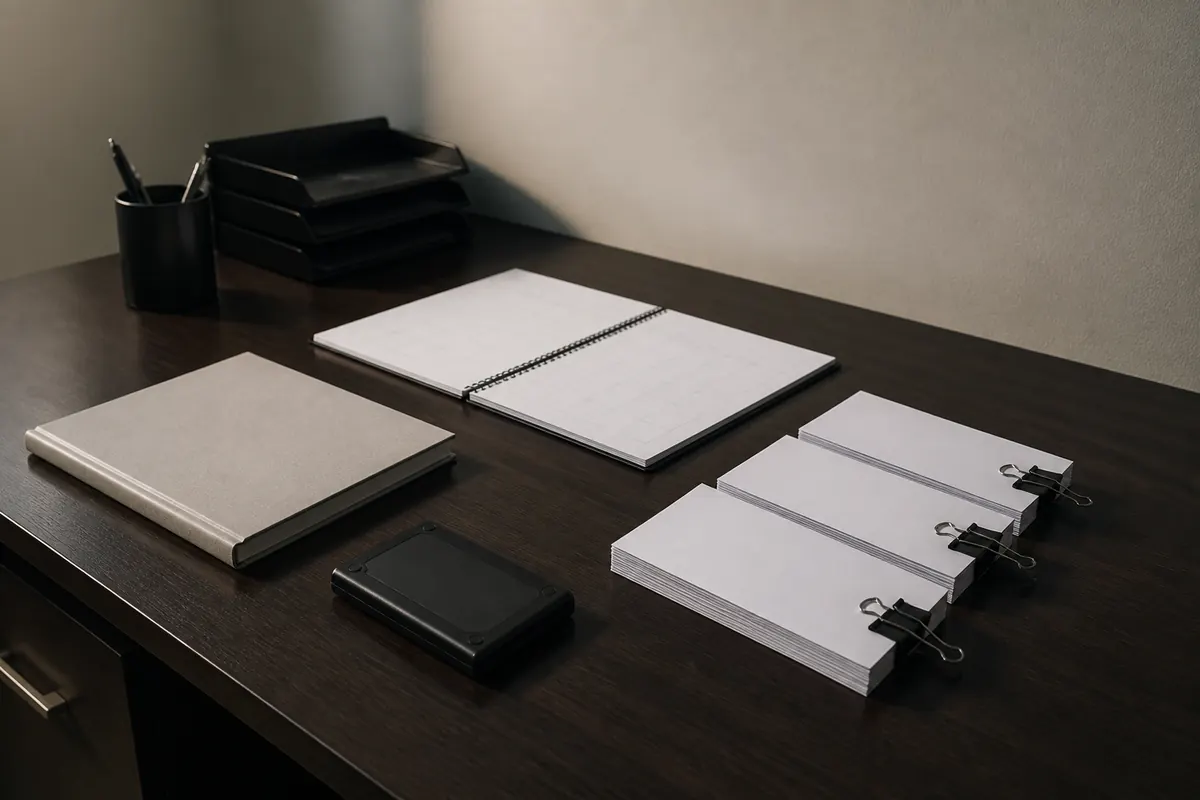 A tidy Dubai office desk with a closed quotation folder, a calculator turned face down, and three neatly clipped invoice bundles beside a blank monthly planner, warm side light, no people