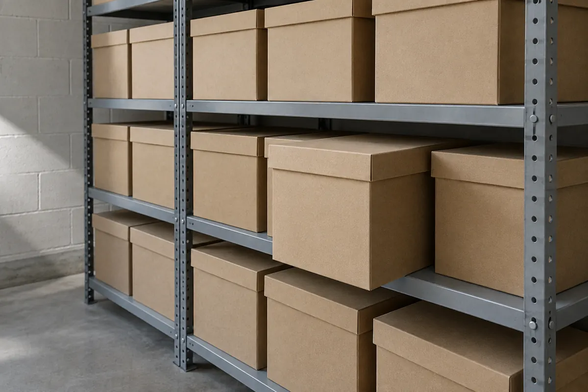 Rows of plain cardboard archive boxes with lids on a grey metal shelving unit in a quiet storeroom, one box lifted slightly forward.