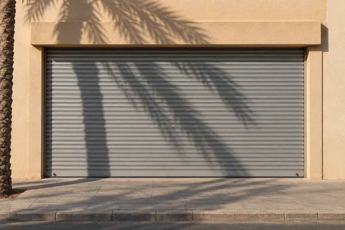 A single closed grey metal roller shutter on a sand-coloured shopfront, photographed straight on from the pavement as one continuous wide photograph, early morning sun and a long palm shadow across the shutter.