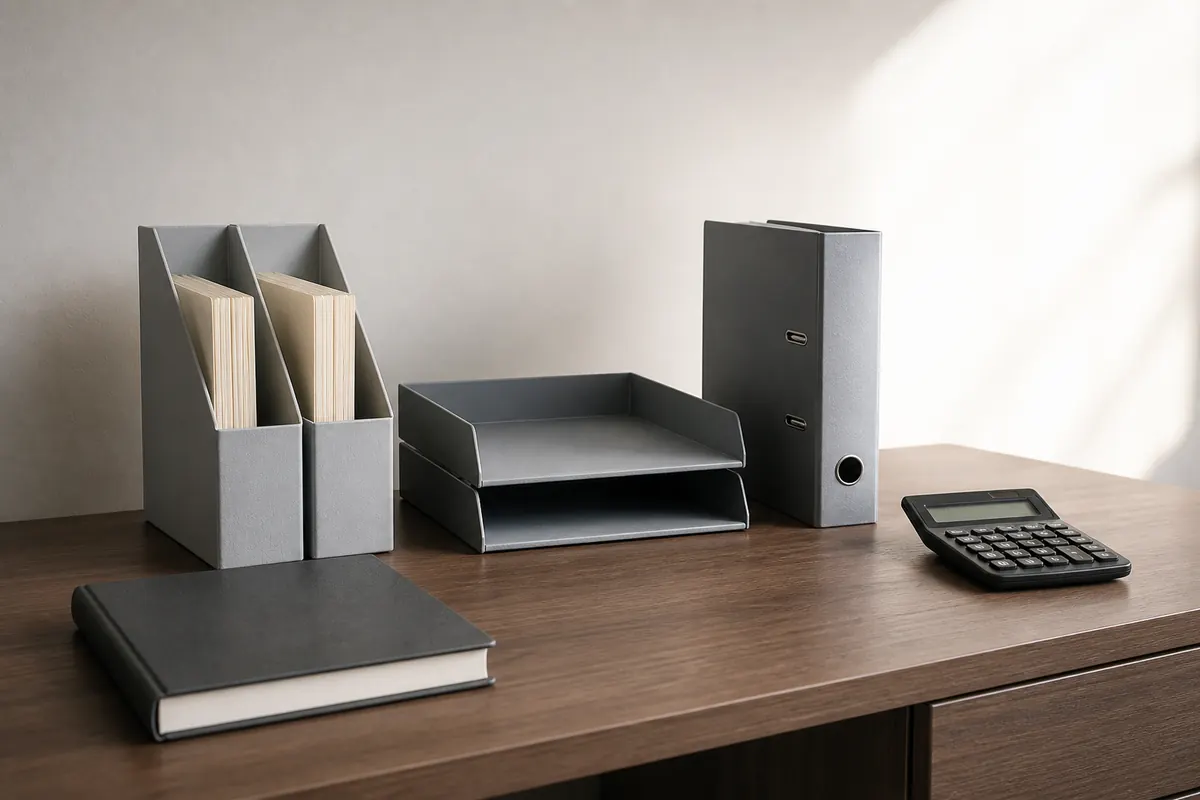 A neat Dubai office records table with a closed ledger, blank document folders, a bank reconciliation tray, a quarter-end binder and a calculator, morning light from the right, no people