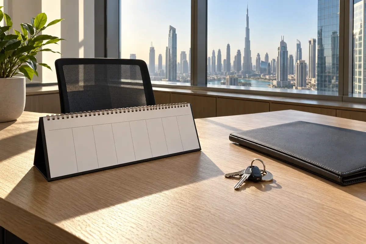 A desk wall planner with blank weekly columns, a set of keys and a closed folder on a light oak desk in an empty Dubai office, morning light.