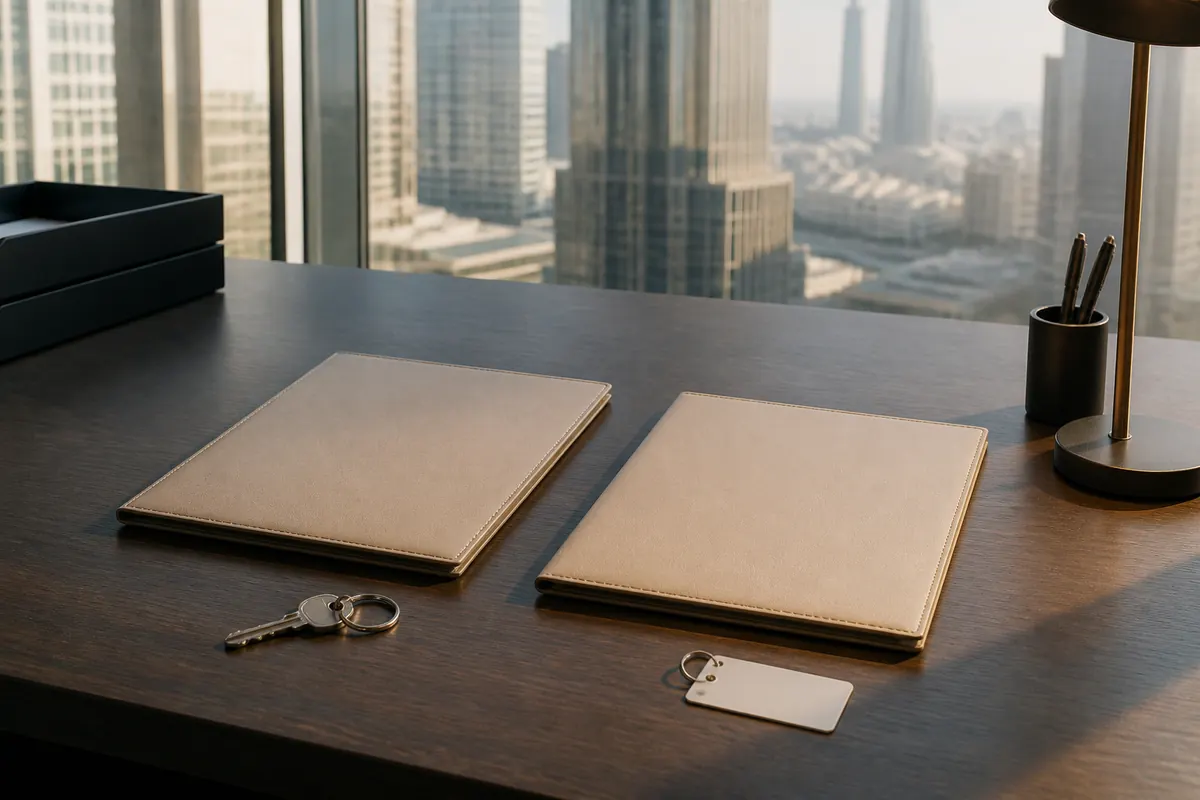 Two squared document folders on a Dubai business-centre desk, one beside a plain office key and one beside a blank warehouse access tag, warm morning light from the right