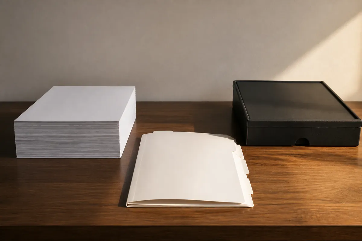 A fresh file with blank divider tabs beside a squared stack of accounting papers and a sealed document tray on a Dubai office desk, warm morning light from the right