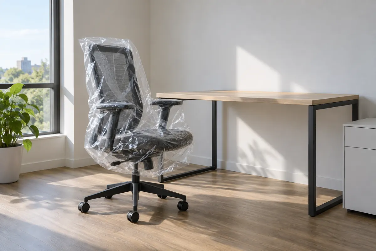A single new office chair still in its clear plastic wrapping beside an empty desk in a bright, freshly painted room.