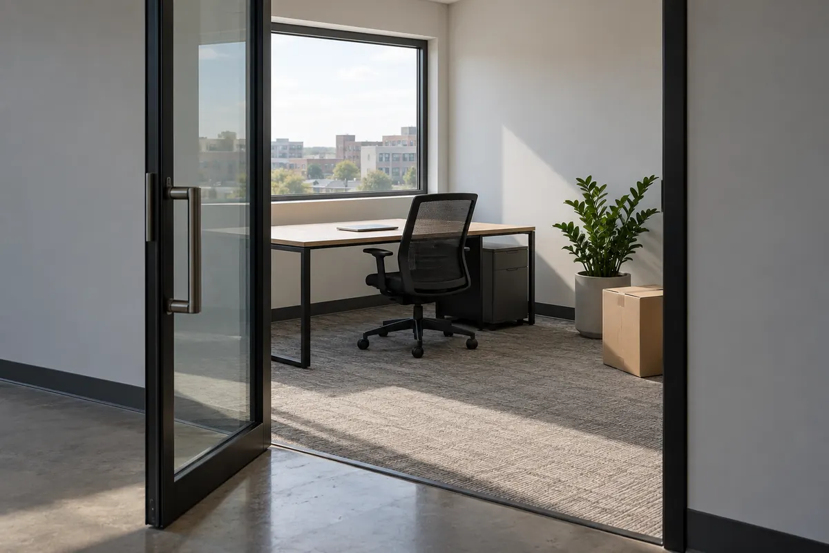 A small new office seen through its open glass door, a potted plant and an unopened shipping carton on the floor, low-rise buildings soft in the window behind.