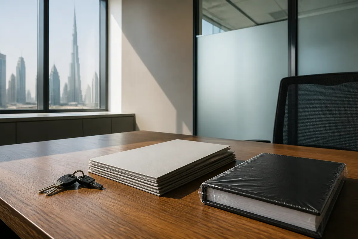 A clean desk in a Dubai free-zone office with new office keys beside blank licence folders and a sealed accounting ledger, warm morning light, no people