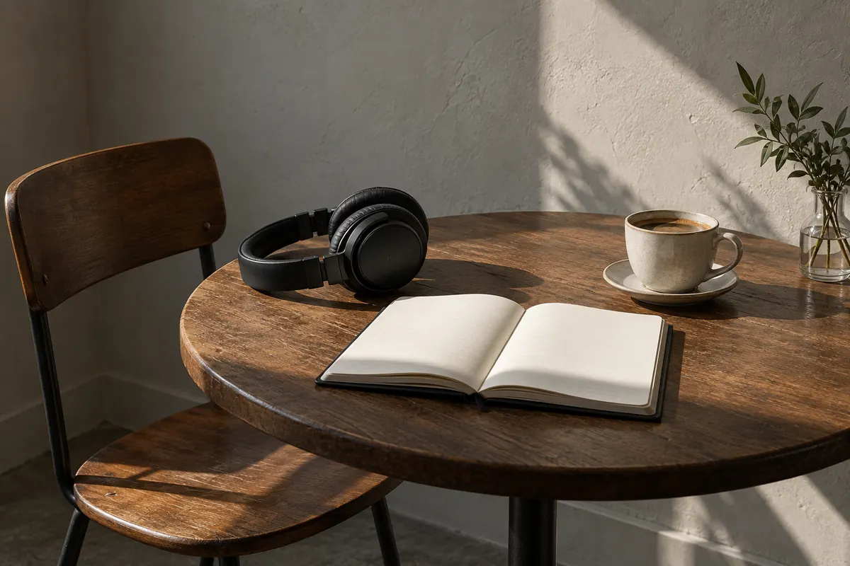 A small cafe table by a window with a pair of over-ear headphones, an open notebook with blank pages and a cup of coffee, morning light.