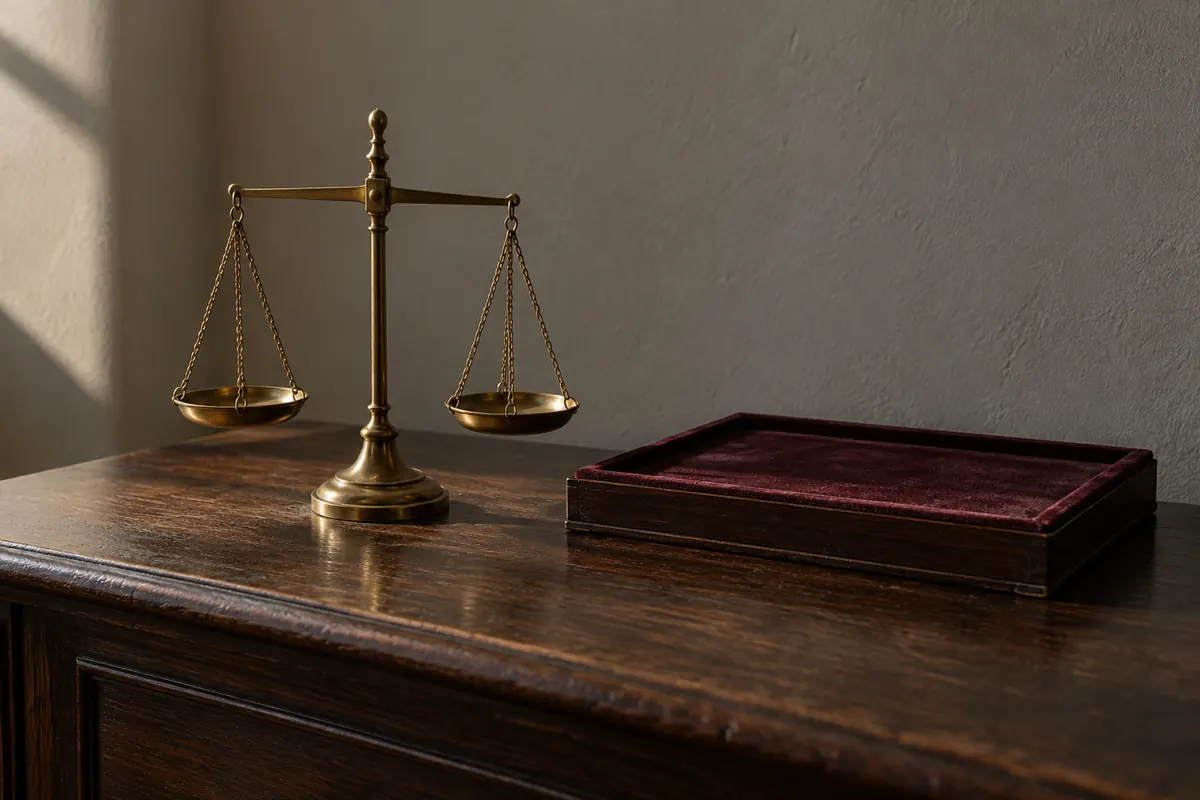 A small brass jeweller's balance scale on a dark wooden counter beside a closed velvet-lined tray, warm low light.