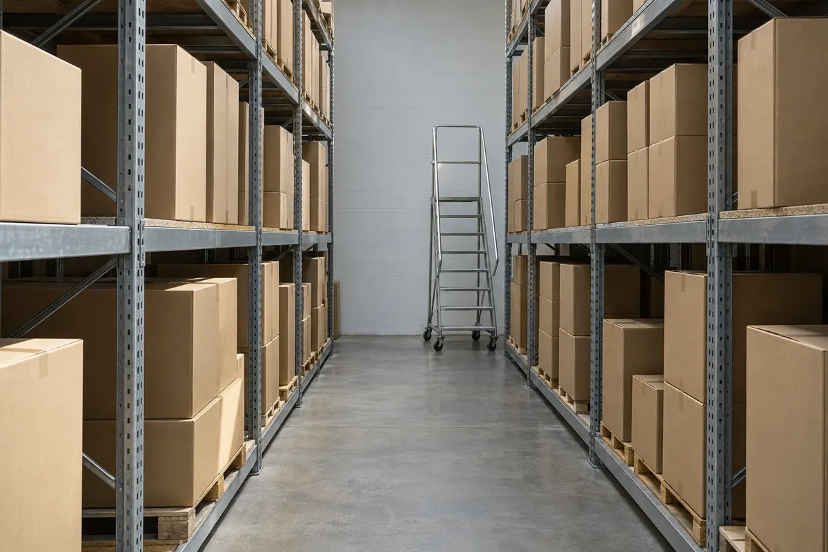 Tall metal warehouse shelving stacked with plain cardboard cartons in a narrow aisle, a wheeled step ladder at the end, even overhead light.