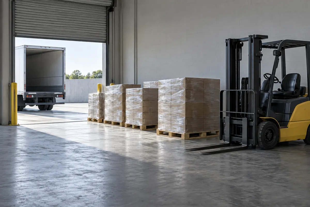 A warehouse loading bay with wrapped pallets lined up beside an open roller shutter door, a forklift parked to one side, cool daylight.