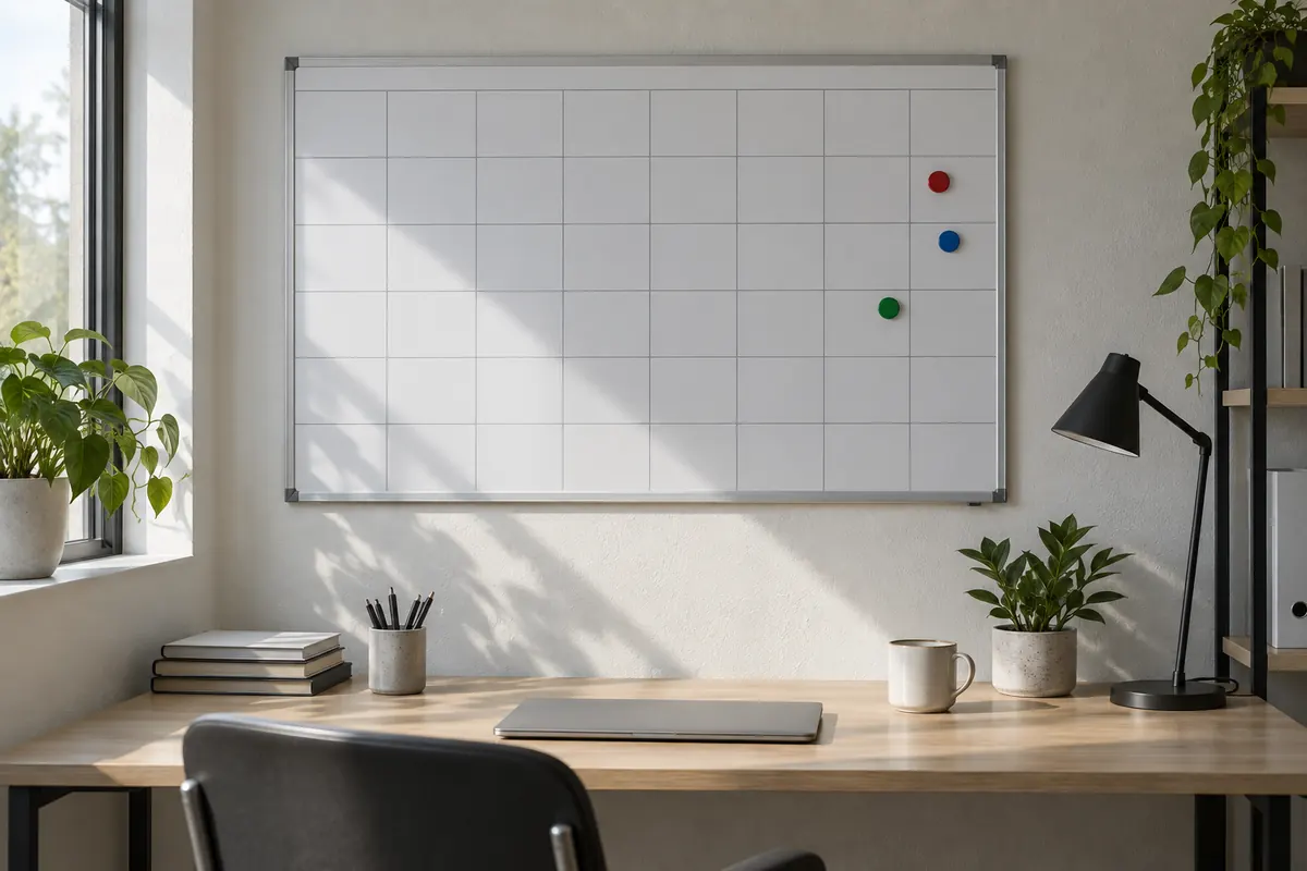 A large blank wall planner on a pale office wall with a few coloured magnetic markers placed on it, a tidy desk below in soft daylight.