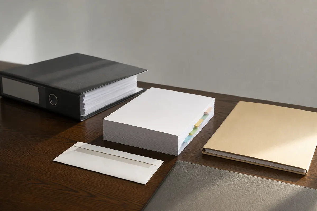 A squared stack of blank audit working papers with colored tab dividers beside a ledger binder, bank statement envelope and reconciliation folder on a Dubai office desk, morning light from the right