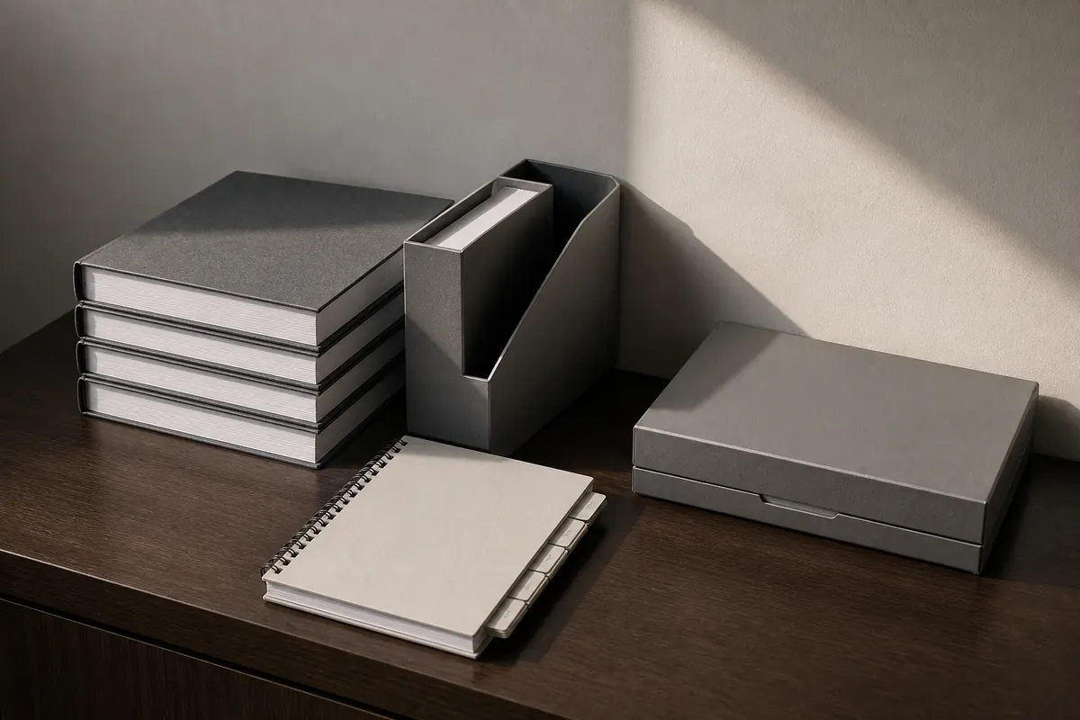 A squared stack of bound annual accounts beside a bank-statement folder, a trial-balance worksheet with blank tabs, and a closed document tray in a Dubai office lit by late-afternoon window light