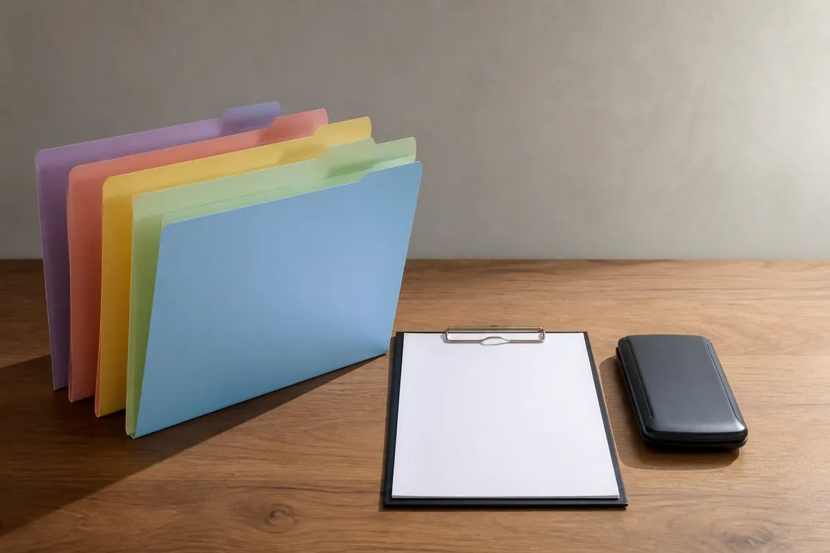 Five colored tabbed folders beside a blank pre-filing checklist and a closed calculator on a Dubai office desk, morning light from the right