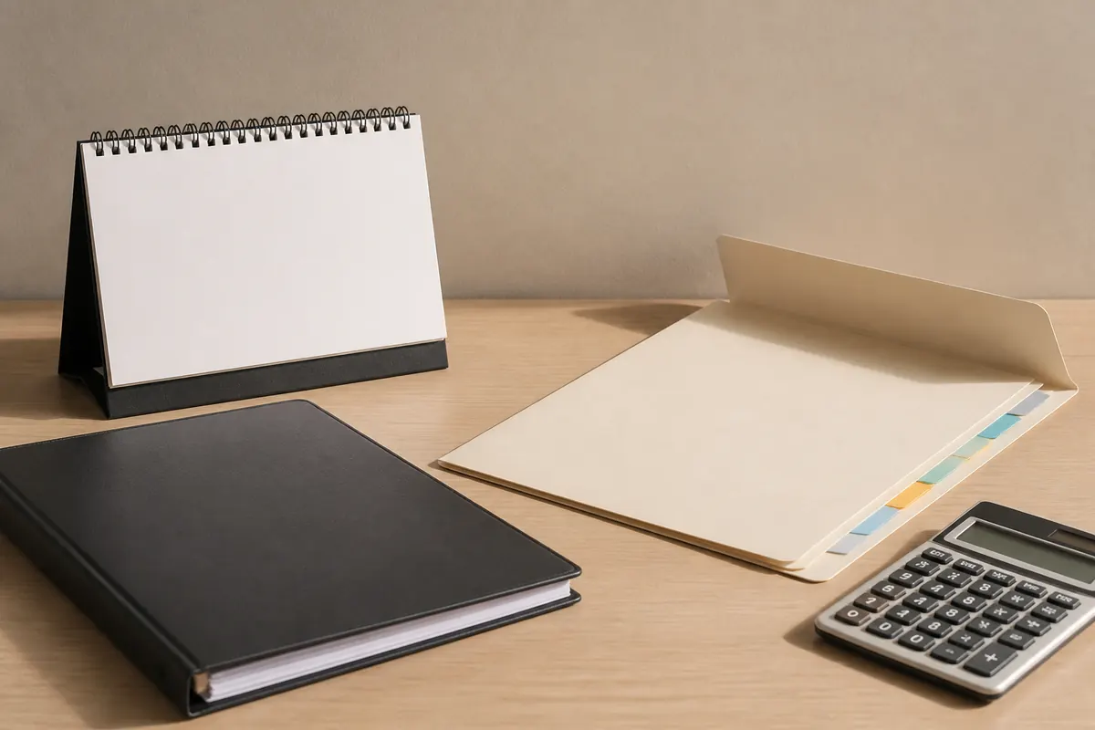 A blank desk calendar beside a closed corporate file, tab dividers and a calculator, with a second empty folder waiting for the first tax return in a Dubai office, morning light.