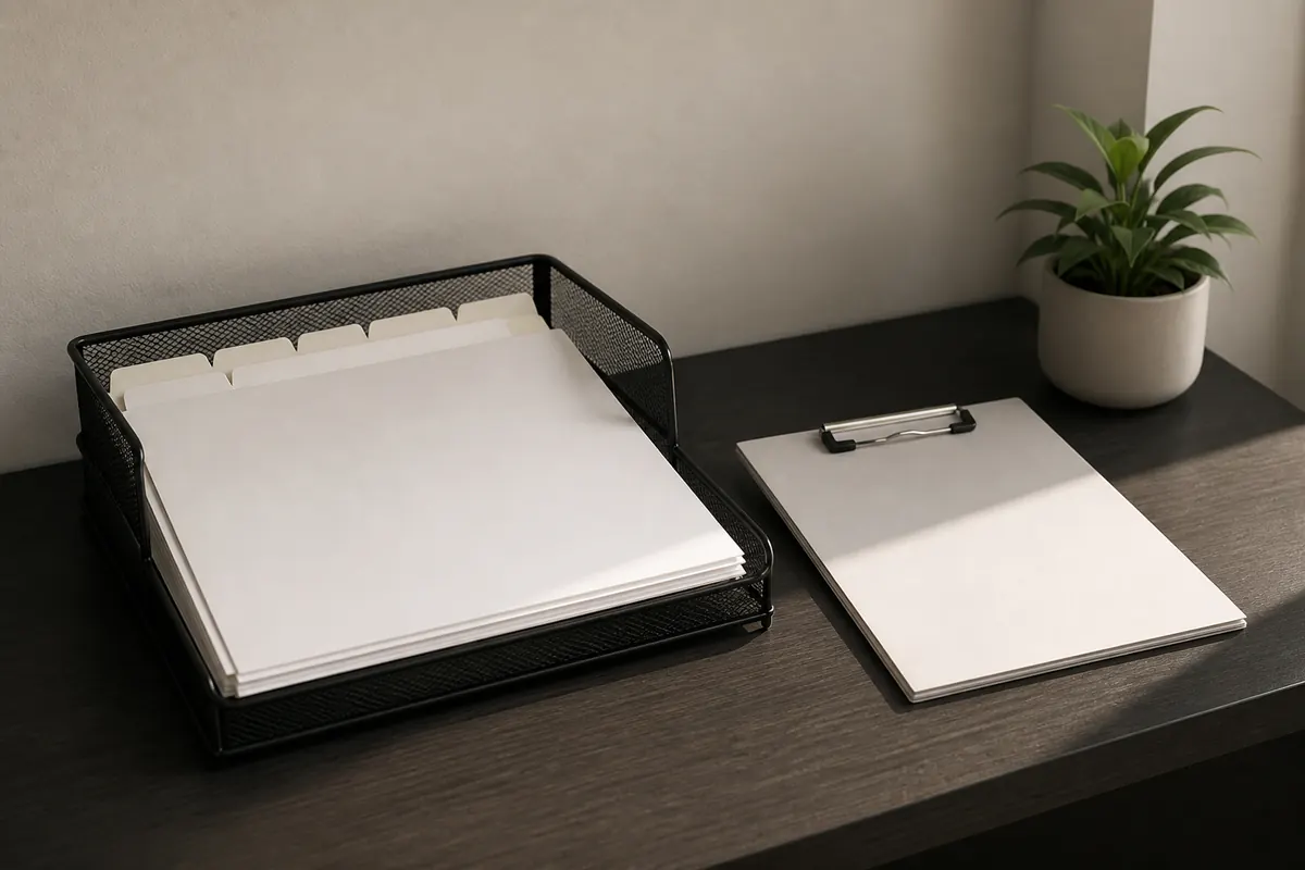 A fresh empty document tray with blank trade-licence folders, ownership dividers and a clipped authorization file on a Dubai office desk, morning light from the right