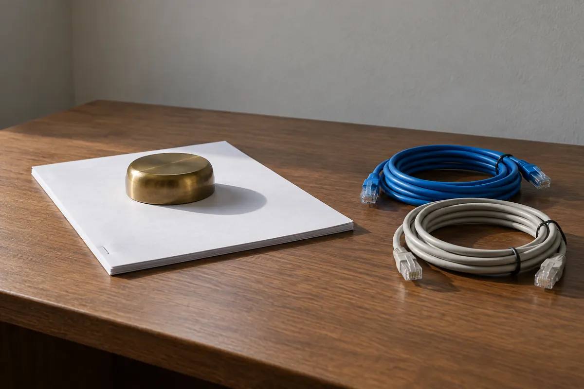 A stapled contract lying face down under a brass paperweight, beside two coiled network cables on a plain wooden desk.