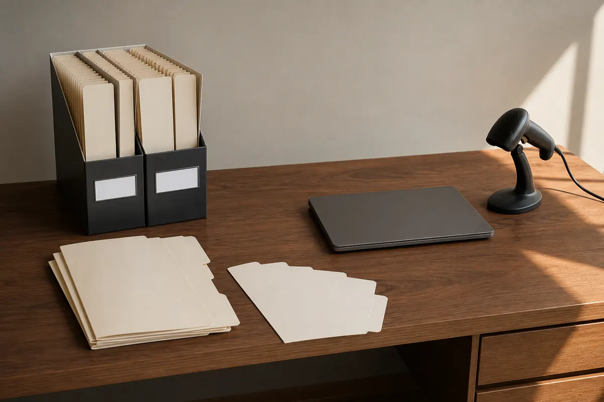 A tidy Dubai office worktable with anonymous customer and product folders, blank tab dividers, a barcode scanner and a closed laptop, warm morning light from the right