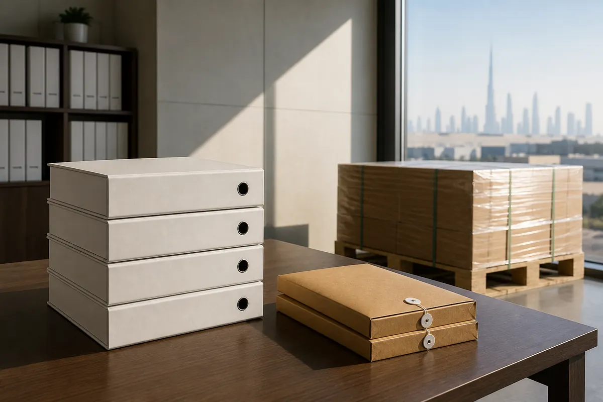 A squared stack of blank audit binders beside sealed customs folders and a warehouse pallet in a quiet UAE free-zone office, late afternoon light from the right