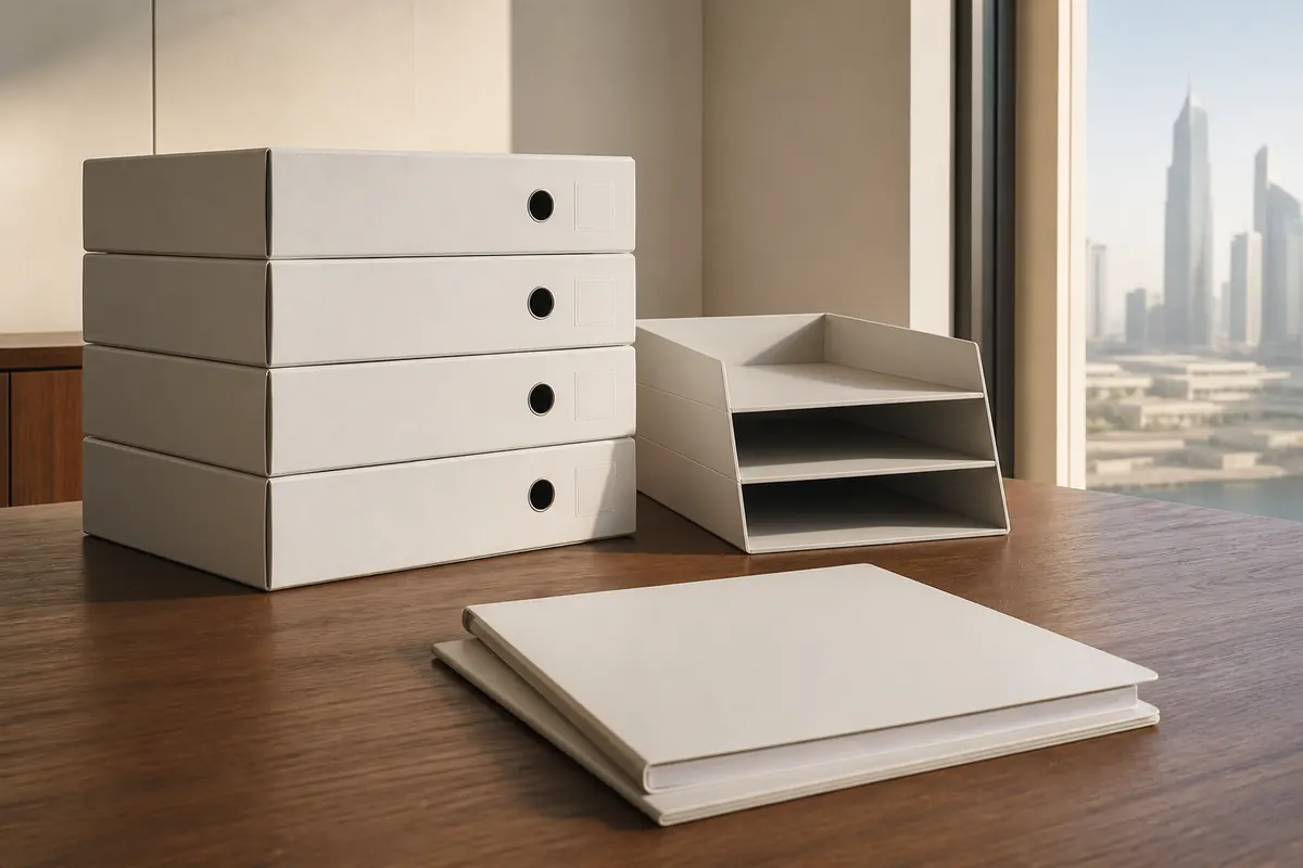A squared stack of blank tabbed binders beside a separate cost-allocation tray and ledger folders in a quiet UAE free-zone office, warm light from the right
