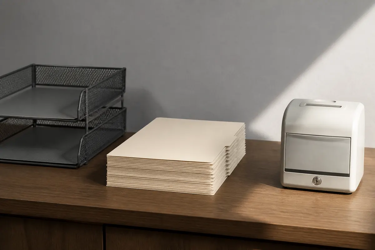 A squared stack of blank salary folders with tab dividers beside a closed metal filing tray and an unmarked punch clock on a quiet Dubai office desk, morning light from the right
