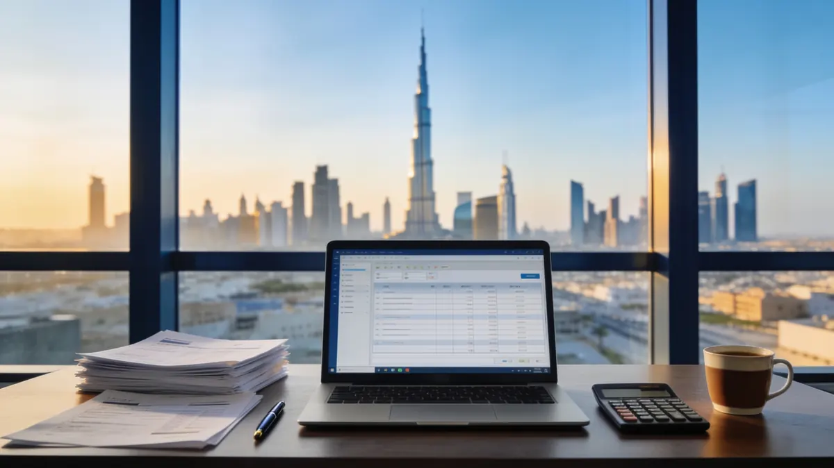 Dubai small business desk with invoices and a laptop, Burj Khalifa skyline at golden hour