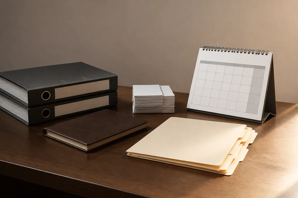 A quiet Dubai office table with blank-tab folders, a closed ledger, squared invoice bundles and a desk calendar opened to the final week of a month, warm light from the right