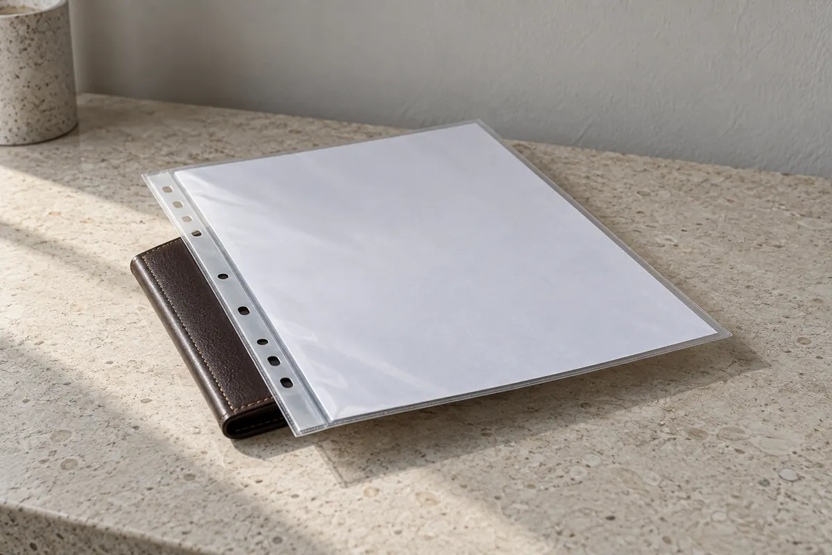A single sheet of plain paper held in a clear plastic document sleeve, resting on top of a closed passport-sized leather folder on a pale stone desk, soft daylight.