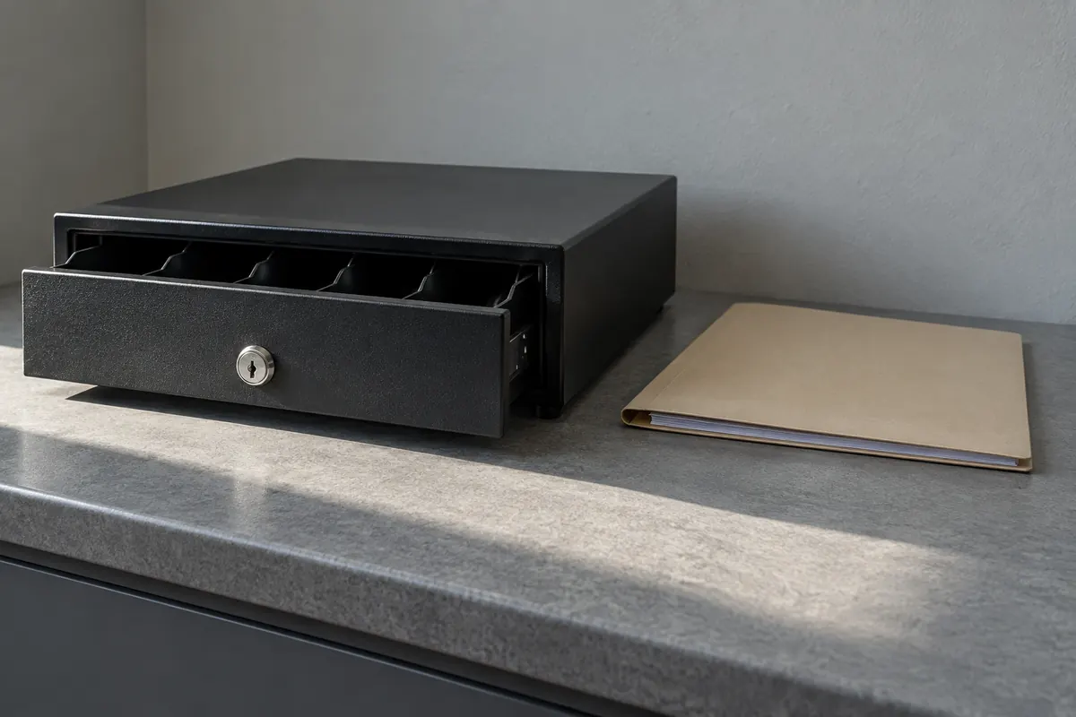 A locked steel cash drawer, slightly open, beside a thin supplier invoice folder on a plain office counter.