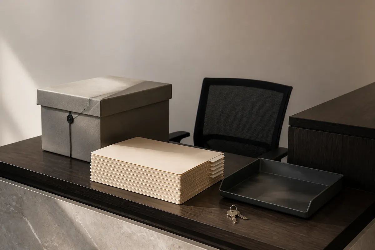 A closed Dubai office reception with a sealed archive box, a squared stack of blank tax folders, a small inventory tray and unused office keys in early morning light, no people