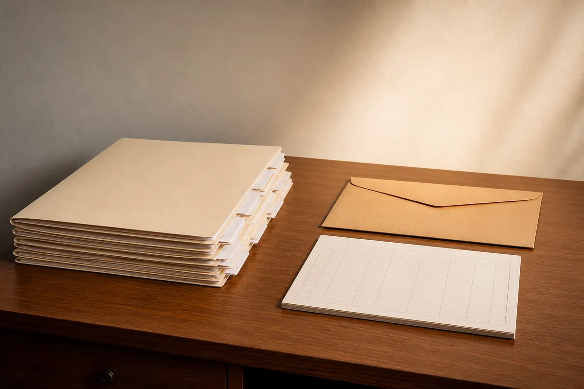 A squared stack of supplier due-diligence folders with blank tab dividers beside a sealed envelope and paper ledger on a Dubai office desk, warm morning light from the right
