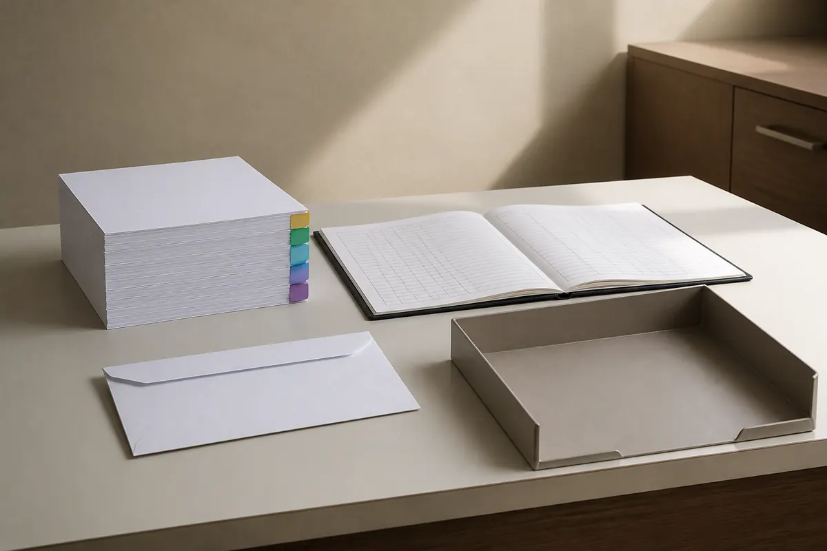 A squared stack of blank business papers with colored tab dividers beside a blank reconciliation ledger, a sealed bank envelope and a plain document tray in a quiet Dubai office, morning light from the right