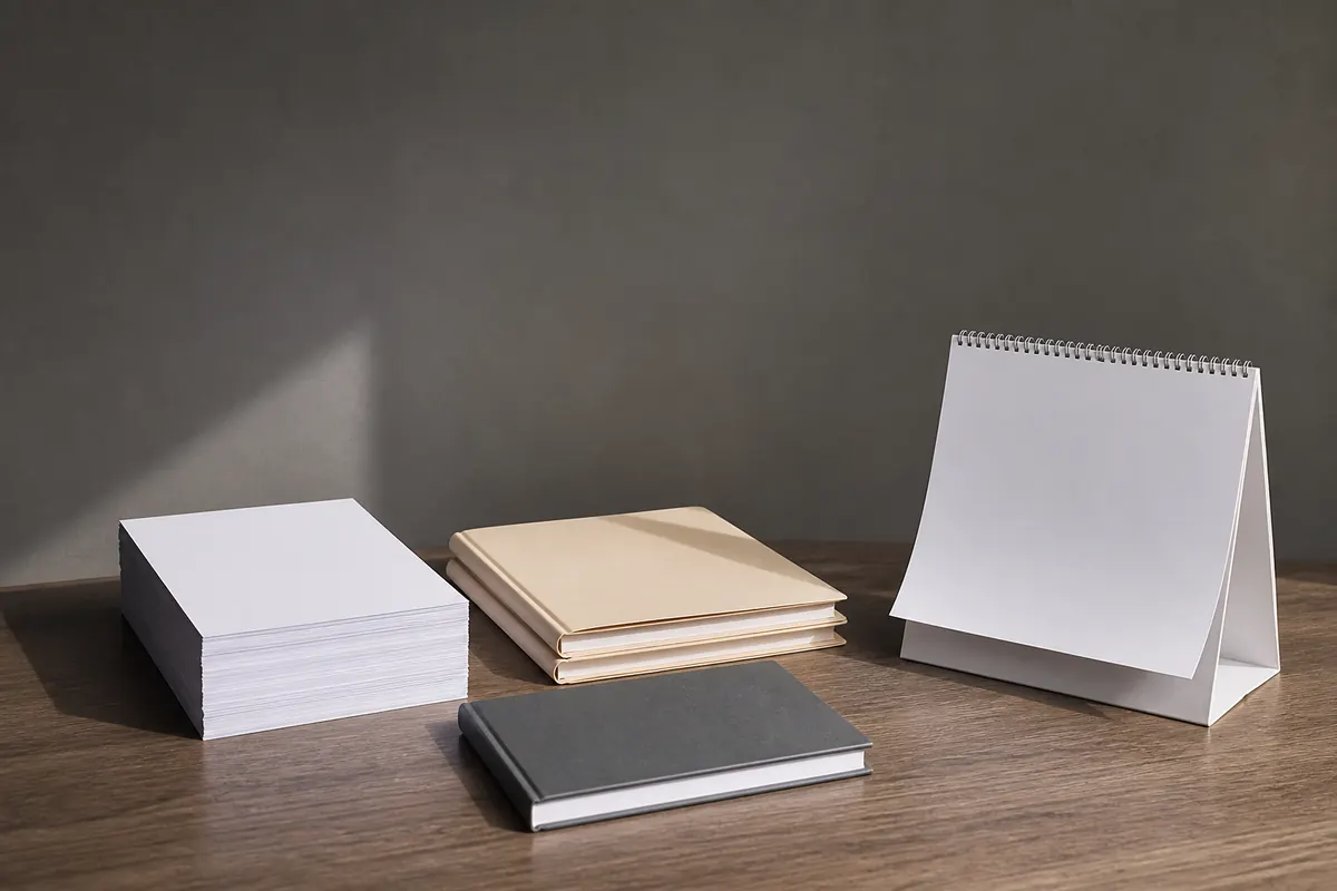 A squared stack of blank sales invoices, purchase folders and a closed ledger beside a blank desk calendar with one page turned, morning light in a quiet Dubai office