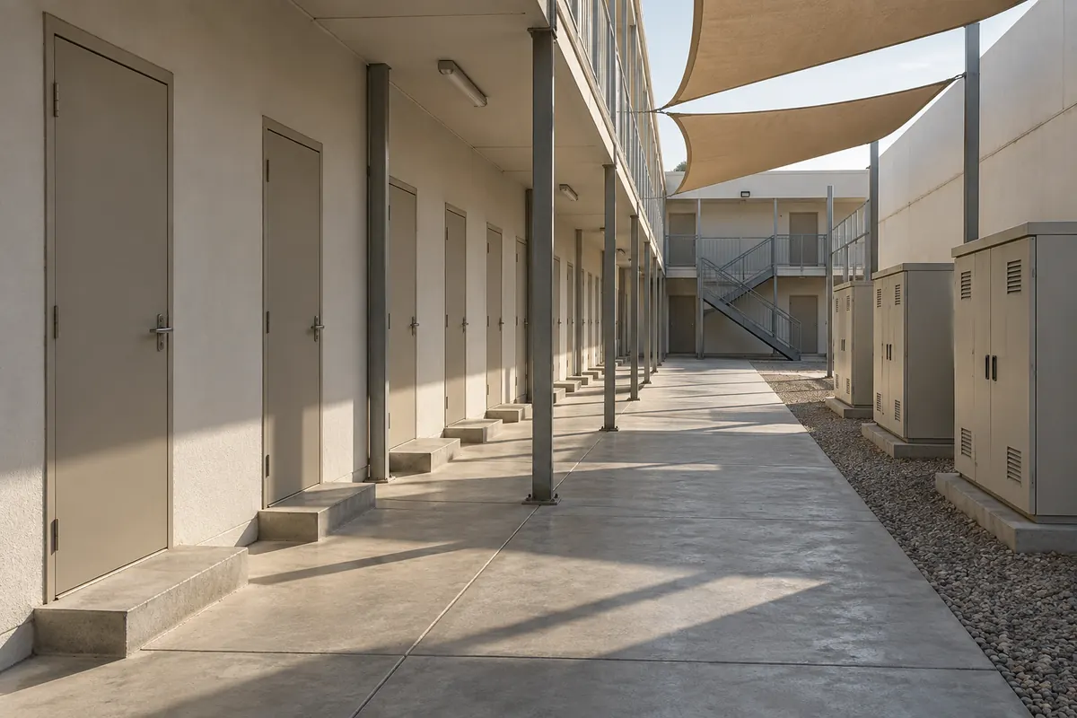 Rows of unmarked identical doors at a UAE labour accommodation building, with outdoor utility cabinets and empty shaded walkways in early morning light.