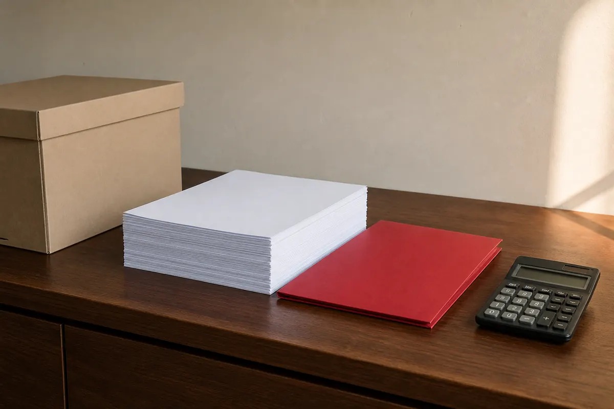 A squared stack of blank tax working papers beside a red correction folder, a calculator and a sealed archive box on a Dubai office desk, warm morning light from the right