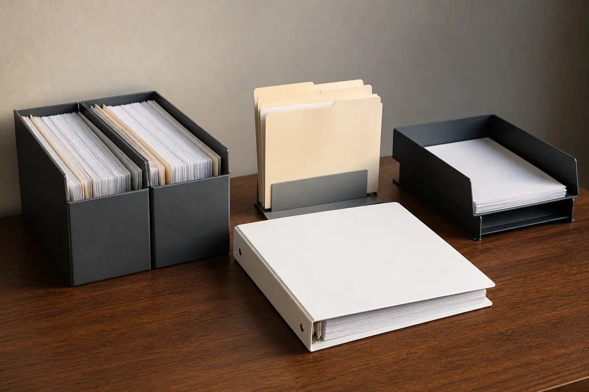A blank year-end accounts binder beside reconciled bank statement folders, an asset register divider and a separate tax working-paper tray on a Dubai office desk, warm morning light, no people