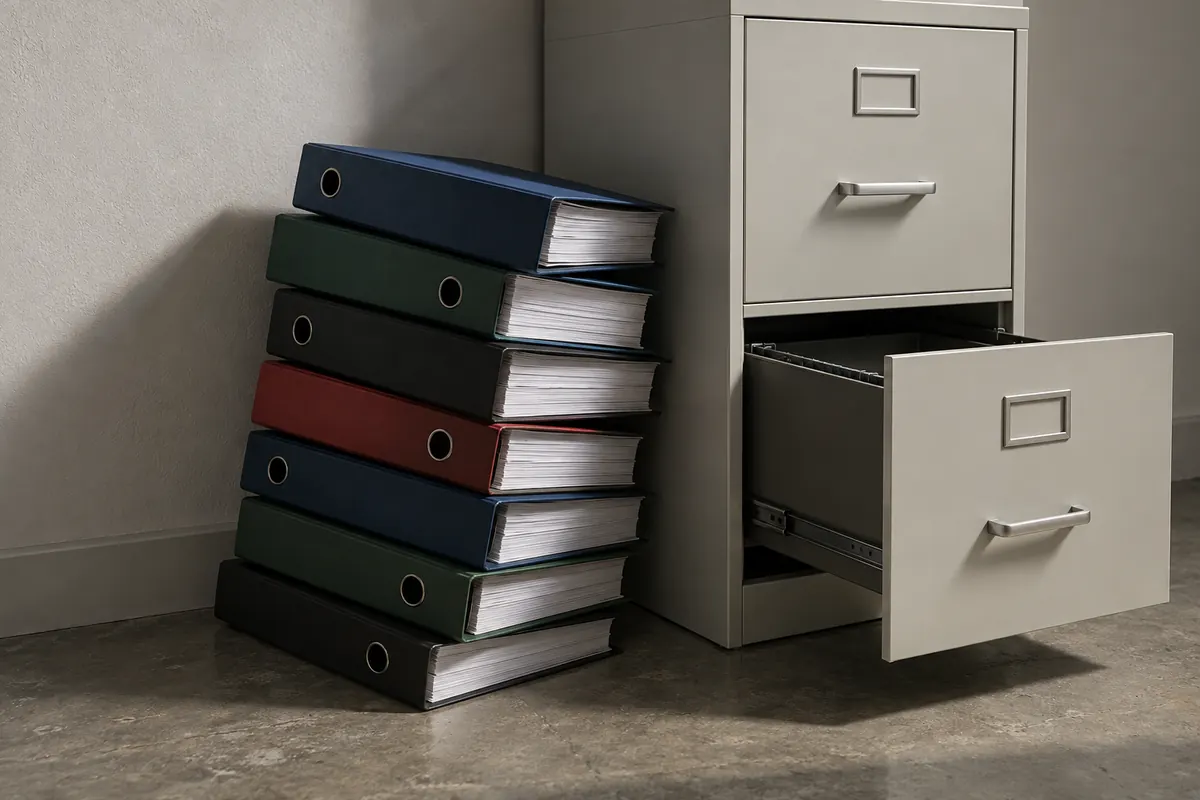 A tall uneven stack of closed ring binders leaning against each other on the floor beside a plain filing cabinet with one drawer pulled open.
