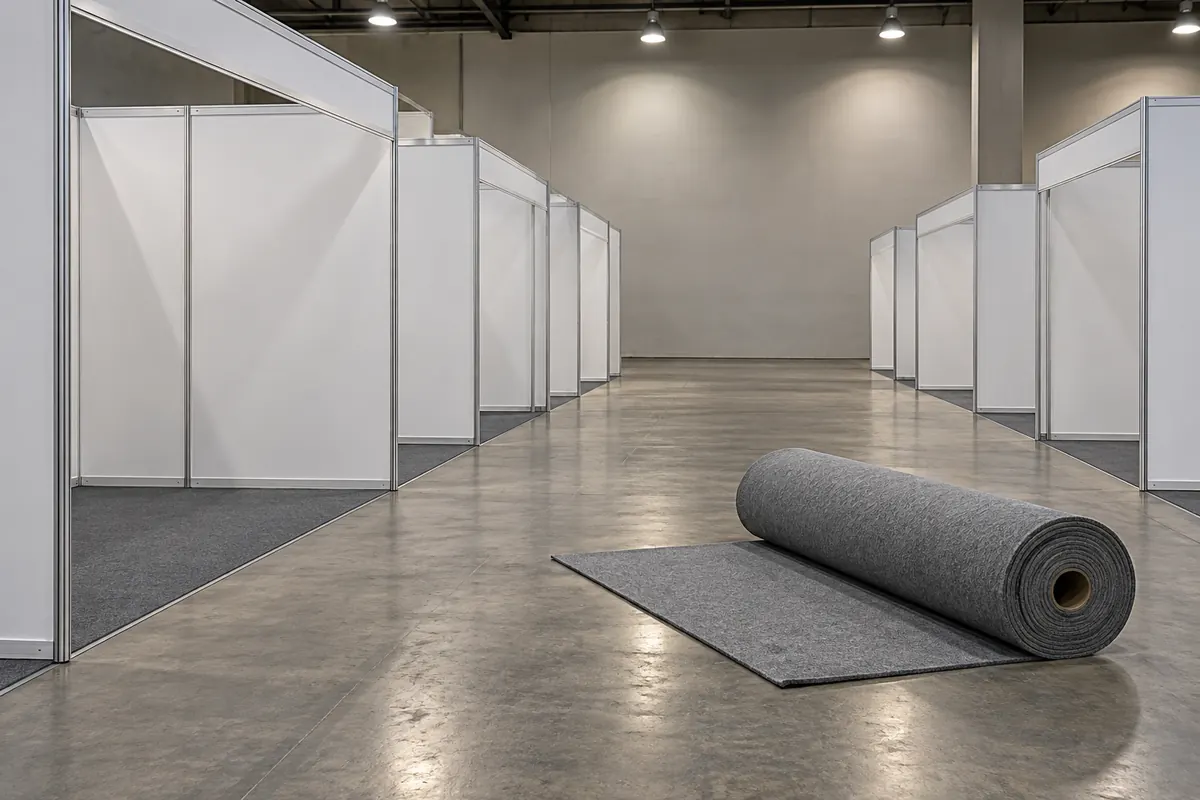 An empty exhibition hall with rows of bare white booth panels and a coiled roll of grey carpet in the aisle, soft overhead light.