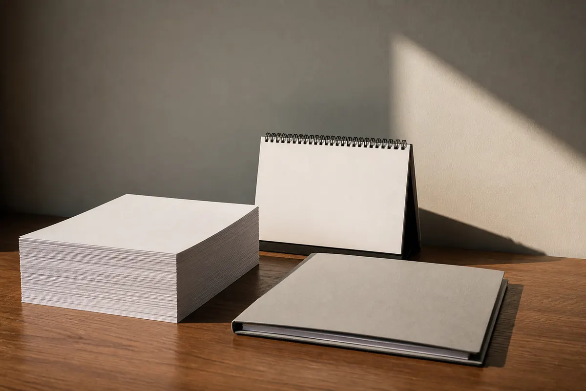 A squared stack of VAT invoices beside a quarterly desk calendar and a closed reconciliation folder, morning light in a Dubai office, no people or readable text