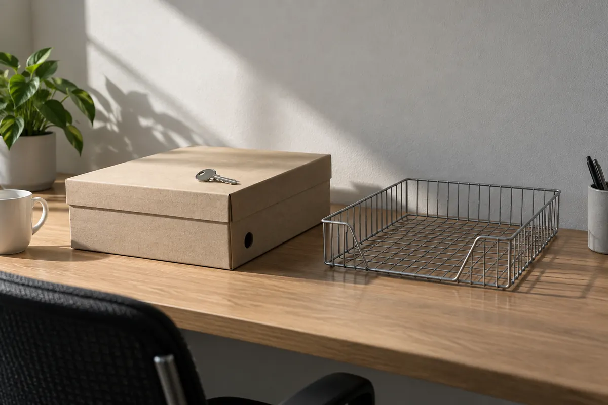 A new office key resting on an unopened box file beside an empty wire in-tray on a clean desk, morning light.