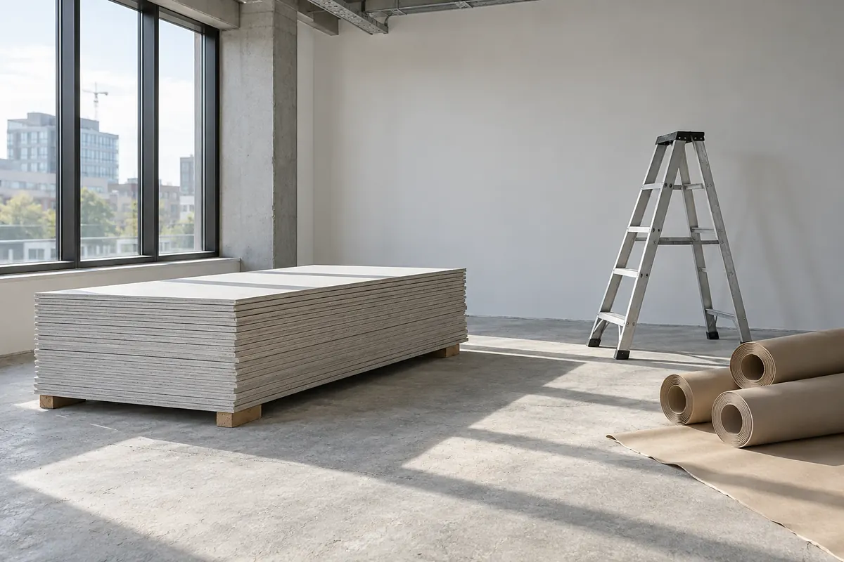 A half-finished office fit-out with stacked plasterboard sheets, a stepladder and rolled floor protection on a bare concrete floor, daylight through tall windows.