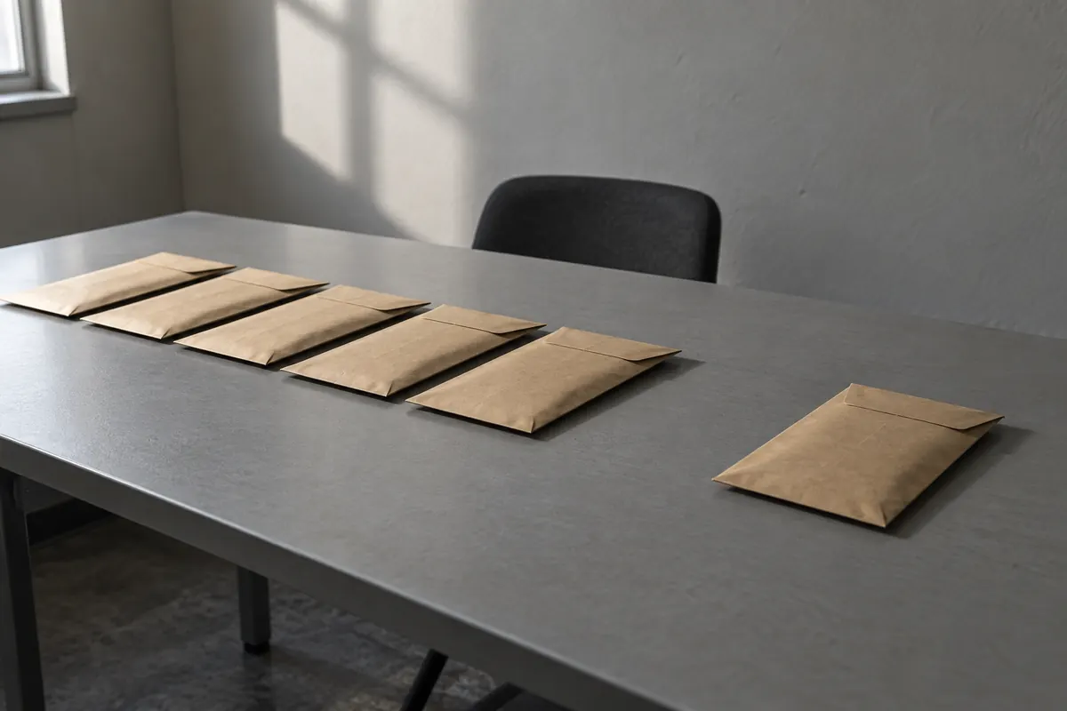 A row of small sealed brown pay envelopes laid out on a grey office table, one envelope set apart from the others, soft window light.