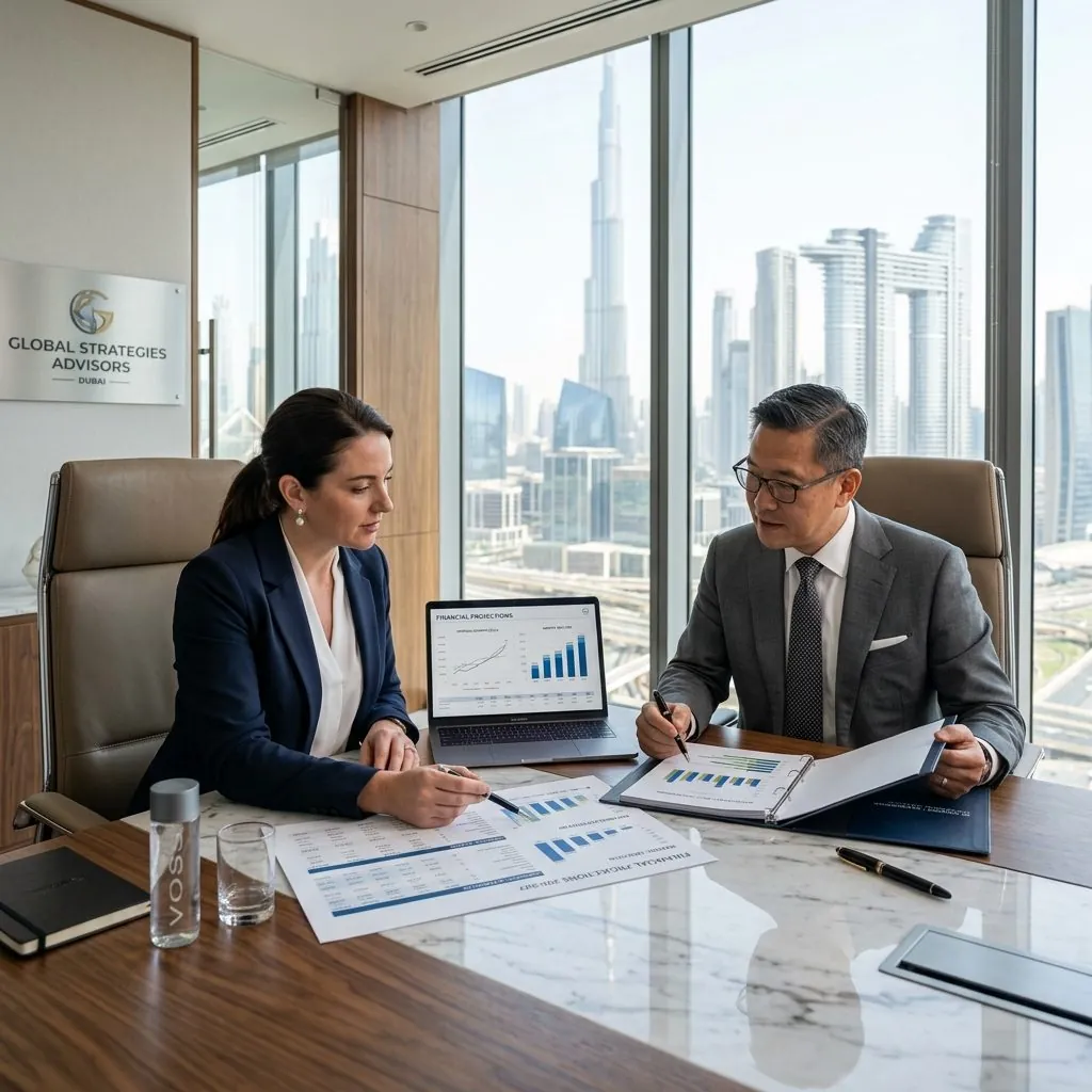 Exiloz consultants reviewing UAE business accounts and tax planning in a Dubai office