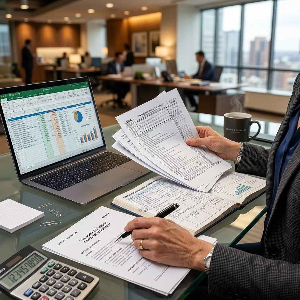 UAE corporate tax documents, accounting records, and compliance review desk