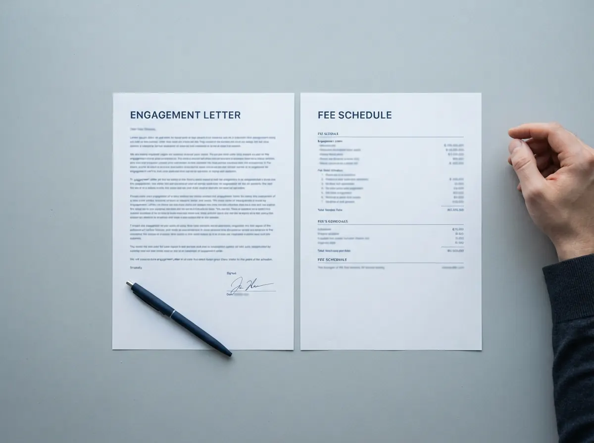 Signed engagement letter and written fee schedule on a desk
